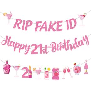 21st Birthday Decorations for Her, Pink Glitter Happy 21st Birthday Banner Champagne Wine Bottle Rip Fake ID Sign for Girls 21 Years Old Party Supplies