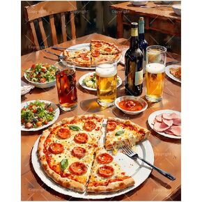 TAOPAOLAB Food & Drink Paint by Numbers Kit for Adults - DIY Pepperoni Pizza and Beer Table Painting on Canvas 16x20 Inches, Acrylic Paint Set, Suitable for Beginners, Art for Kitchen Decor or Gifts