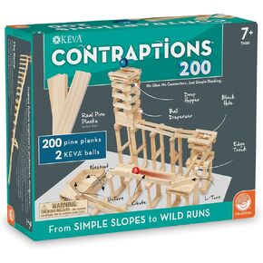 MindWare KEVA Contraptions, Wooden Blocks Building Set, Marble Run Kit, Includes 2 Balls - 200 Planks