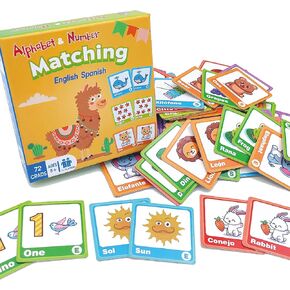 72 (36 Pairs) Spanish English Bilingual Alphabet Numbers Memory Matching Game Language Learning Games for Kids -Early Education ESL and Language Immersion for Kids.