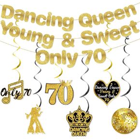 Dancing Queen Young & Sweet Only 70 Banner Gold Glitter, 70th Birthday Decorations for Women, 70th Birthday Banner with Hanging Swirls, 70s Dancing Queen Party Decorations Decor Favors