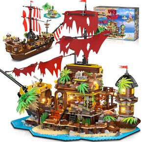 Pirate Shipwreck House Mini Building Set with LED Light, 1854 PCS, 2 in 1 Pirate Ship Building Block, Shipwreck Model Home Decor, Kids Boys Age 10-12+