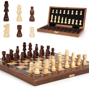 Magnetic Travel Chess Set 12-inch Wooden Magnetic Chess Board 2 Extra Queen Folding Chessboard for Storage Toys & Games for Adults Vintage Chess Game – Family Board Games Educational Toy Sets