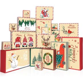 LANLISA 18 Kraft Christmas Gift Boxes with Lids, Bulk Wrapping Boxes for Presents Christmas Shirt Box for Assorted Xmas Holiday - 12 Designs and 4 Sizes with Gift Tag Stickers