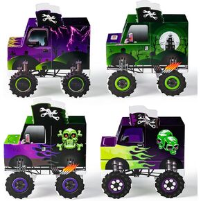 Haooryx Origami Monster Truck Boxes - 12Pcs Green & Purple Monster Truck Lightning Skull Racing Car Candy Treat Boxes Cartoon Origami Cardboard 3d Paper Craft Kit Goodie Bags Birthday Party Supplies