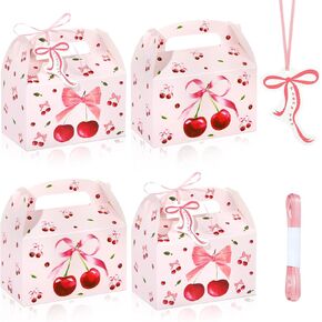 Pineraap 12 Pieces Cherry Party Favor Boxes, Pink Bow Cherry Treat Boxes Coquette Candy Goodie Boxes with Gift Tags for Birthday Wedding Bachelorette Baby Shower Party Supplies, 6.3 x 3.7 x 3.7 In