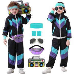 Ezuwail Kids 80s 90s Tracksuit Outfit for Boys Girls 6Pcs Unisex Retro Windbreaker Toddler Workout Hip Hop Dance Costume