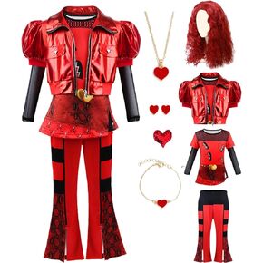 Red Costume for Girls - Rise Red Costume Heart Shirt Jacket Pants Set with Wig Halloween Party Dress up for Kids