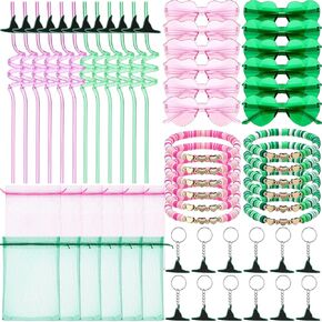 60 Pcs Witch and Princess Party Favors Pink and Green Witch Birthday Themed Party Supplies Including Reusable Plastic Drinking Straws Friendship Bracelets Glasses Keychains with Gift Bags