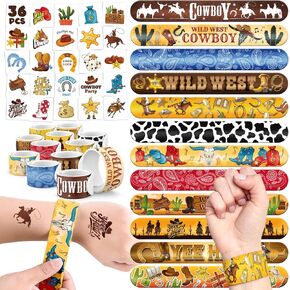60 PCS Cowboy Party Favors Set - 36 Temporary Tattoos Sticker & 24 Slap Bracelets for Kids, Perfect for Birthday Parties, Classroom Rewards and Gifts