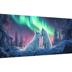 LOMSIOY 5D Large Diamond Art Kits for Adults, Wolf Diamond Painting Kits for Beginner, Aurora Snow Diamond Art with Round Full Drill Rhinestone Crafts Gem Arts for Home Wall Decor 31.5 x 11.81 inch