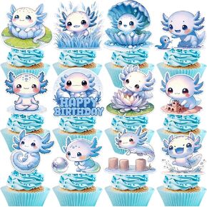 Axolotl Birthday Cupcake Toppers -24 Pcs Blue Cute Reptile Animals Axolotl Theme Decorations, Happy 1st 2nd 3rd Birthday Cup Cake Topper, Party Decor Photo Background Supplies for Boys Kids