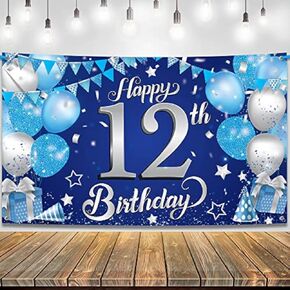 KatchOn, Blue Happy 12th Birthday Banner - 72x44 Inch, Big | Blue and Silver Happy Birthday Backdrop | Birthday Decorations for Men | Happy Bday Banner for 12th Birthday Party Decorations