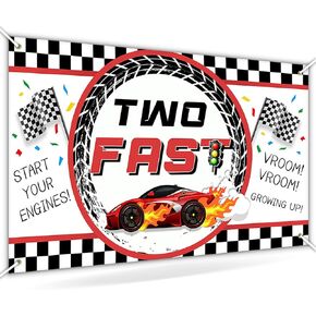 Avezano Two Fast Birthday Banner Red Race Car 2nd Birthday Party Decorations Background Two Fast Backdrop for Boys Children 70.8 x 43.3 Inch