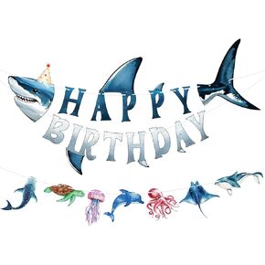 Shark Happy Birthday Banner Shark Garland Ocean Animals Party Decorations Hanging Wall Decor for Kids Boys Beach Under The Sea Birthday Baby Shower Shark Party Supplies