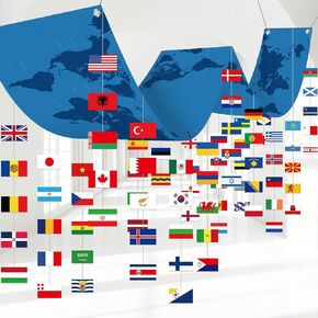 Leinuosen International Flag Banner 144 x 15 inch World Map Banner with 90 Countries String Flag National Decoration Set for School Classroom Sports Club Birthday Party Supplies Decor
