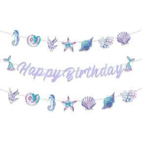 Mermaid Theme Birthday Party Banners Under The Sea Glitter Purple Mermaid Shell Happy Birthday Banners Shell Starfish Seahorse Pattern Banner Themed Decorations for Under The Sea Theme Party Supplies