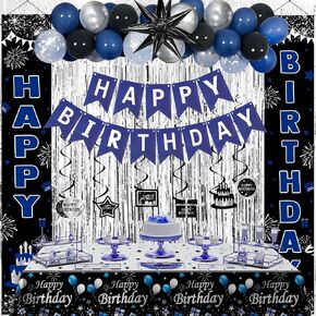 Blue and Black Birthday Decorations for Men Women Boys, Happy Birthday Decorations Banner Balloons Tablecover Fringe Curtain Door Banner Blue Silver, Mens Boy Bday Party Decoration Supplies Decor