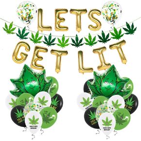 47pcs 'lets get lit' Party decorations for adults, weed set includes Latex Marijuana balloons, weed shape foil balloons and banner, Green Confetti balloons, For cannabis birthday-themed party