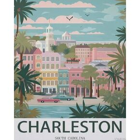 VNUIEHG DIY Paint by Numbers for Adults, Charleston South Carolina Vintage Travel Poster, Canvas Oil Acrylic Painting Kit(40x50cm)