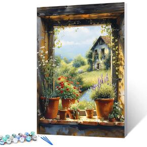 Tucocoo Blue Open Window Paint by Numbers Kits 16x20 inch Canvas DIY Easy Oil Painting for Adults with Brushes and Acrylic Pigment, Town Scenery Texture Style Picture for Home Decor (Without Frame)