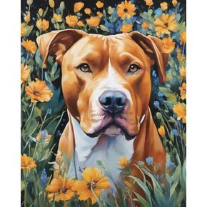 QACEYID DIY Paint by Number for Adults, Pitbull and Flowers Paint by Number Set with Brushes, 40x50cm, No Frame