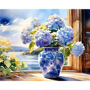 Still Life with Flowers Paint by Numbers Kit for Adults, Blue Hydrangea DIY Paint by Numbers, Oil Painting by Numbers Kit for Beginners, Flowers Painting Acrylic Crafts for Home Decor 16x20 Inch