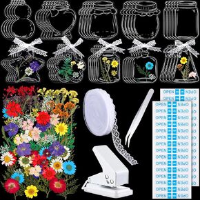 Faccito 135 Pcs Dried Flower Bookmark Kit Transparent Handmade Pressed Flower Bookmark Making Kit for Back to School Gifts DIY Clear Book Mark with Dried Flowers Hole Puncher White Lace Tweezer