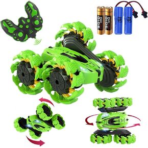 Remote Control Car, New Upgraded Double-Sided 360° Rotating RC Toy Cars with LED Headlights, 2.4GHz Rechargeable Electric Race Stunt Car with 4WD, Best Gift for 6-12 Year Old Boys and Girls (Green)
