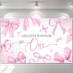 Ticuenicoa 1st Birthday Banner - Pink Bows Girls Just Wanna Be One Backdrop, 70.8x43.3 Inch Birthday Decorations for Girls, Photo Booth Backdrop, Baby Shower & First Party Decor
