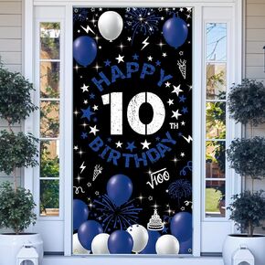Vicycaty 10th Birthday Door Banner Backdrop, Happy 10th Birthday Decorations for Boys Girls, Fabric 10 Years Old Birthday Party Photo Booth Props Yard Sign Background for Outdoor Indoor, Blue