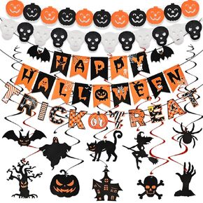 AhfuLife Halloween Party Decorations Set, Reusable Halloween Indoor Decorations Kit Including HAPPY HALLOWEEN Paper Banner for Home Decor, Trick or Treat Sign, Pumpkin Bat Hanging Swirl