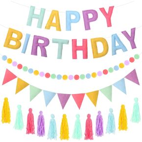 4 Pcs Felt Happy Birthday Banner Pre-Strung Happy Birthday Banner Felt Ball Garland Tassel and Triangle Flags Garland Pastel Backdrop Decorations for Kids Adults Party Supplies
