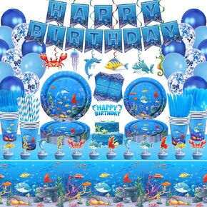 246 Pack Under the Sea Party Supplies Ocean Sea Party Tableware Set - Plates Cups Napkins Tablecloth Banner Balloons Cake Toppers for Underwater World Summer Beach Birthday Party Decorations Serves 20