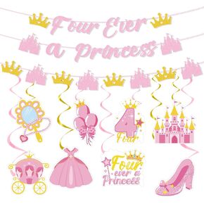 Four Ever a Princess Birthday Decorations, 11PCS Princess 4th Bday Banners with Hanging Swirls Party Decoration Girl Castle 4 Years Old Decor Supplies