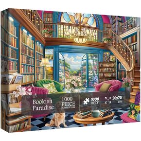 Colorful Library Garden Puzzles for Adults 1000 Pieces Nature, Beautiful Book Cat Dog Art House Jigsaw Puzzles, Pretty Flower Plant Fantasy Puzzle