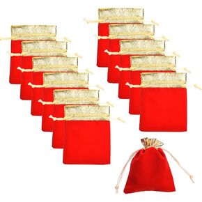 Cosmos Pack of 12 Golden Tone Rim Red Color Velvet Drawstring Pouch Bag for Wedding Party Jewelry Gift Packaging, Size About 4 x 4 Inches