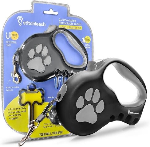 Retractable Dog Leash for Large & Extra Large Dogs (Up to 110lbs) - Customizable, Patented, Reflective Design, Ergonomic Handle, Includes Hooks & Poop Bag Holder & Dispenser - Black in Saudi Arabia