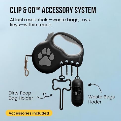 Retractable Dog Leash for Large & Extra Large Dogs (Up to 110lbs) - Customizable, Patented, Reflective Design, Ergonomic Handle, Includes Hooks & Poop Bag Holder & Dispenser - Black in Saudi Arabia