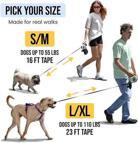 Retractable Dog Leash for Large & Extra Large Dogs (Up to 110lbs) - Customizable, Patented, Reflective Design, Ergonomic Handle, Includes Hooks & Poop Bag Holder & Dispenser - Black in Saudi Arabia