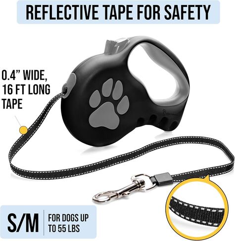 Retractable Dog Leash for Large & Extra Large Dogs (Up to 110lbs) - Customizable, Patented, Reflective Design, Ergonomic Handle, Includes Hooks & Poop Bag Holder & Dispenser - Black in Saudi Arabia