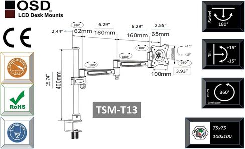 OSD Audio TSM-T13 Home and Office Single Arm Extended Desk Mount for 17-inch to 37-inch Monitor in Saudi Arabia