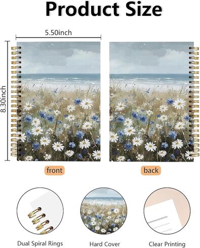 Beach Wildflowers Hardcover Spiral Notebooks - Coastal Boho Farmhouse Flowers Nautical Sea Journal for Women, Ocean Themed Gifts for Beach Lovers, White and Blue Daisy Seaside Notebook 5.5x8.3 Inch in Saudi Arabia