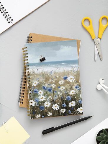 Beach Wildflowers Hardcover Spiral Notebooks - Coastal Boho Farmhouse Flowers Nautical Sea Journal for Women, Ocean Themed Gifts for Beach Lovers, White and Blue Daisy Seaside Notebook 5.5x8.3 Inch in Saudi Arabia