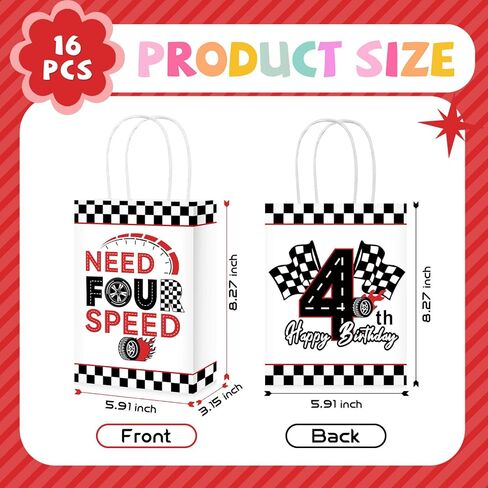 Grencian 16Pcs Need Four Speed Birthday Party Favor Bags Race Car Theme 4th Candy Treat Gift Goodie Bags with Handles Racing Car 4th Birthday Decorations for Kids Boys 4 Year Old Party Favors Supplies in Kuwait