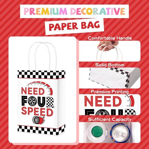 Grencian 16Pcs Need Four Speed Birthday Party Favor Bags Race Car Theme 4th Candy Treat Gift Goodie Bags with Handles Racing Car 4th Birthday Decorations for Kids Boys 4 Year Old Party Favors Supplies in Kuwait