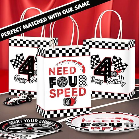 Grencian 16Pcs Need Four Speed Birthday Party Favor Bags Race Car Theme 4th Candy Treat Gift Goodie Bags with Handles Racing Car 4th Birthday Decorations for Kids Boys 4 Year Old Party Favors Supplies in Kuwait