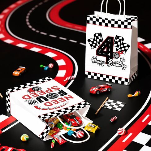 Grencian 16Pcs Need Four Speed Birthday Party Favor Bags Race Car Theme 4th Candy Treat Gift Goodie Bags with Handles Racing Car 4th Birthday Decorations for Kids Boys 4 Year Old Party Favors Supplies in Kuwait