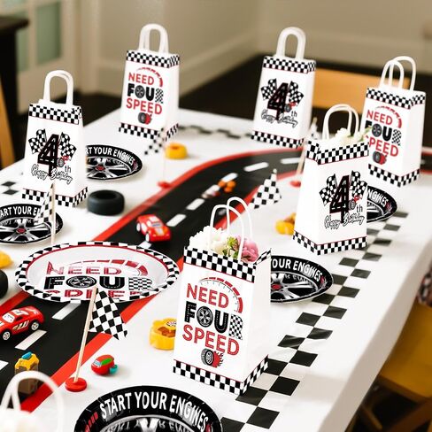 Grencian 16Pcs Need Four Speed Birthday Party Favor Bags Race Car Theme 4th Candy Treat Gift Goodie Bags with Handles Racing Car 4th Birthday Decorations for Kids Boys 4 Year Old Party Favors Supplies in Kuwait