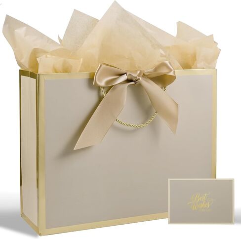 13" Large Gift Bag with Ribbon, Greeting Card & 2 Tissue Paper（Matte Gold Foil Frame）for Birthdays, Weddings, Mother's Day, Bridal Showers, Retirements, Anniversaries, Engagements, Any Occasion（Khaki） in Saudi Arabia